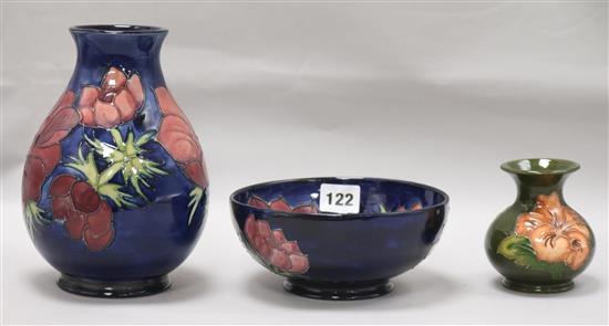 A Moorcroft Anemone pattern vase and bowl, and a Hibiscus vase tallest 19cm (3)